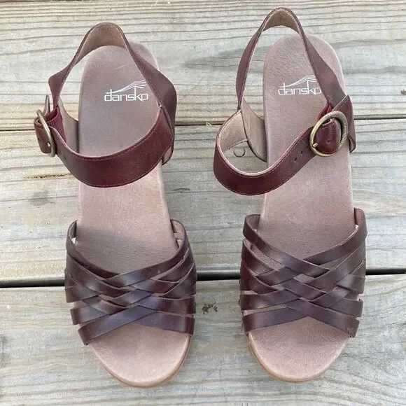 Dansko Dawson Leather Woven Sandal Ruby Vintage Wooden Platform Block Heels - Picture 3 of 11